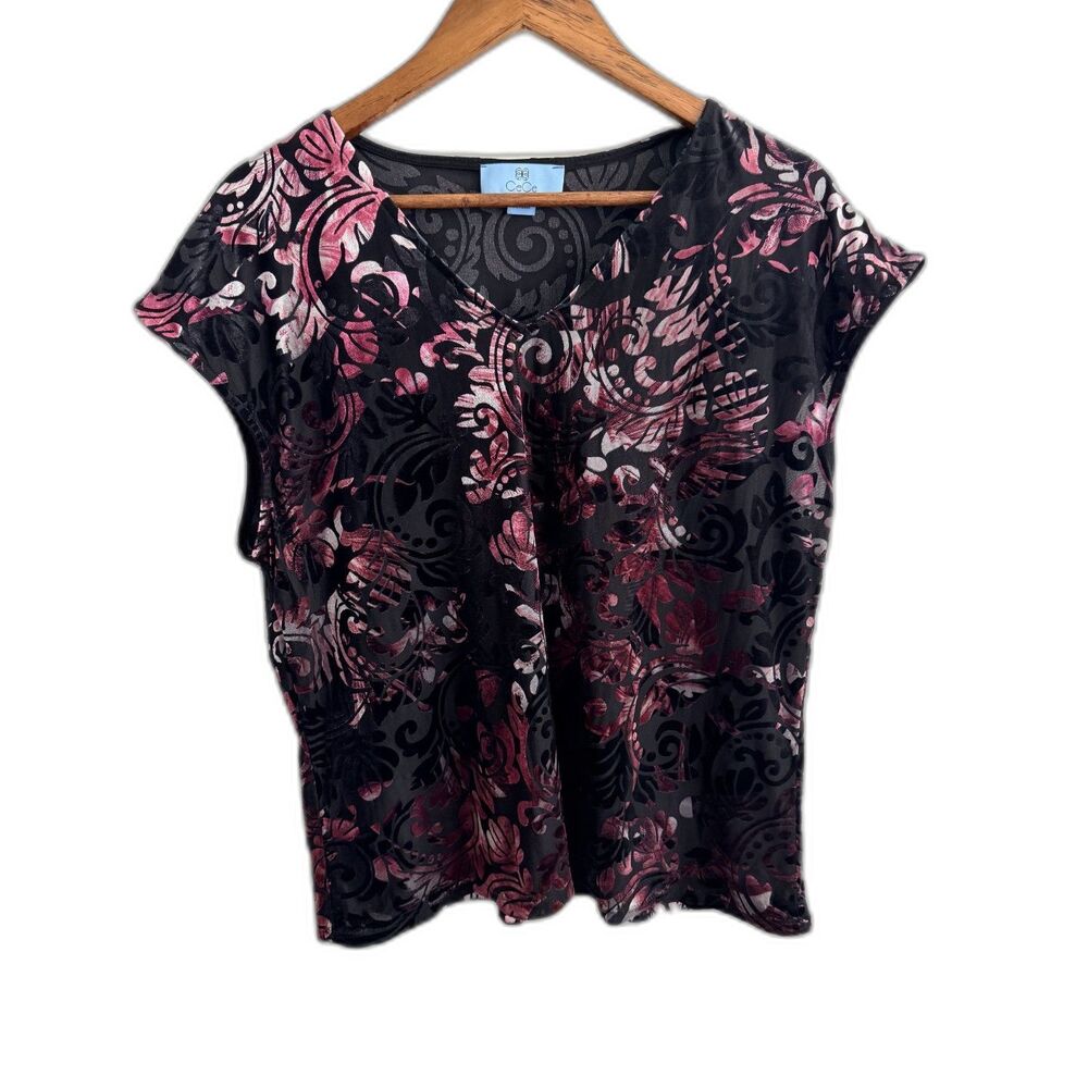 CeCe Womens Large Black Pink Floral Burnout Velvet Sheer V Neck Blouse Top